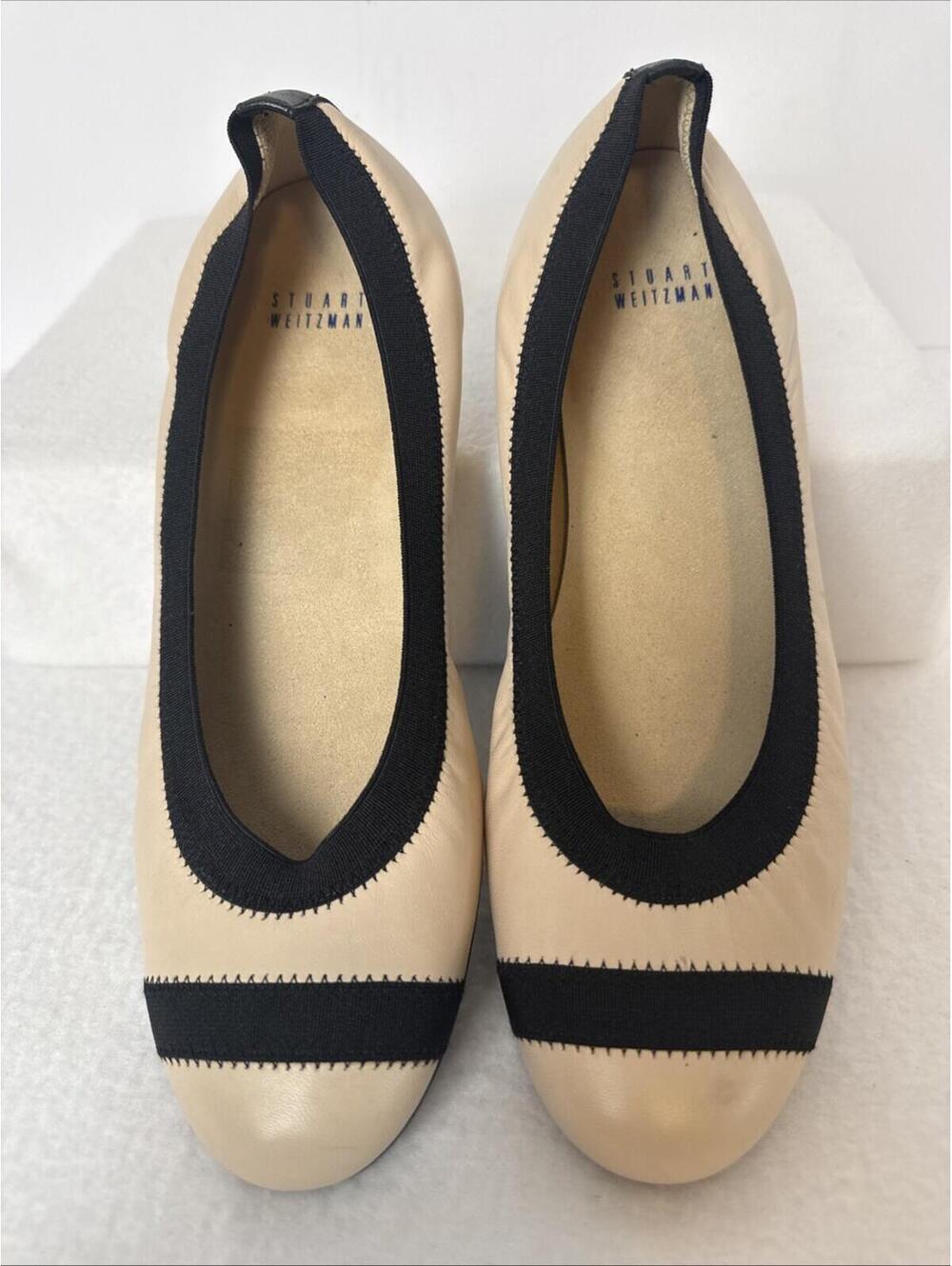 Stuart Weitzman Giveable Scrunch Ballet Flats Beige Black Cap Toe Leather 9.5